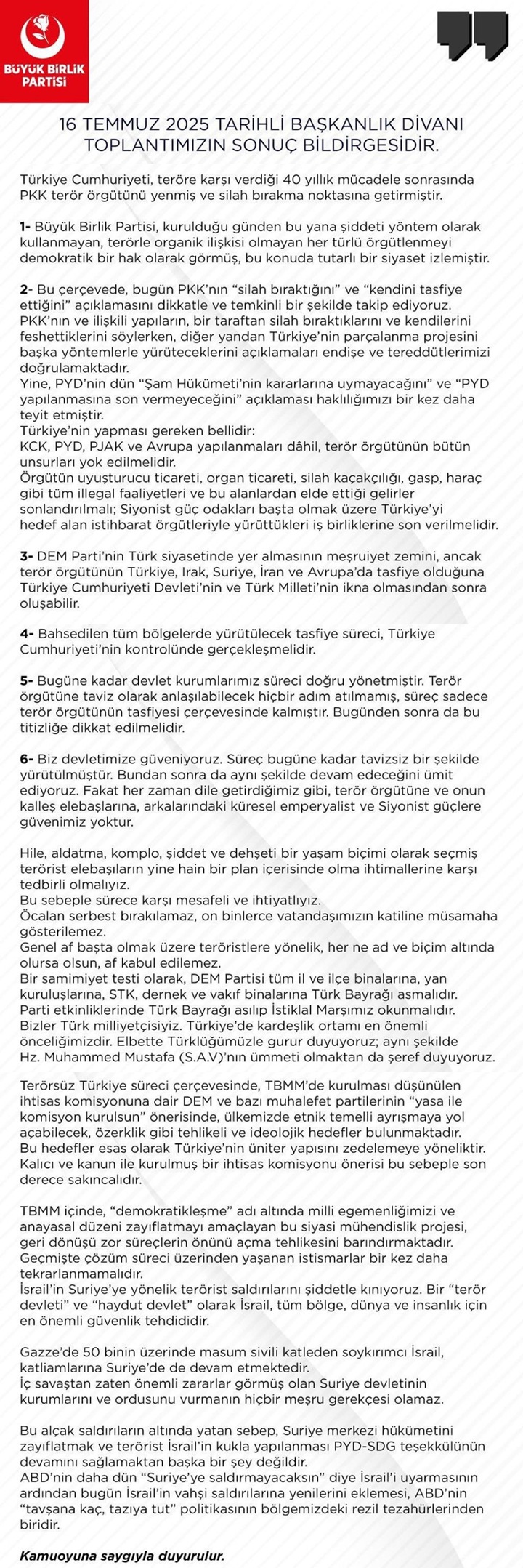 BBP Başkanlık Divanı Sonuç Bildirgesi