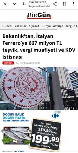 Ferrero ya hükümet tarafından sağlanan kıyaklar