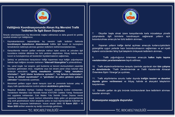 Kocaeli Kış Mevsimi Trafik Tedbirleri Duyurusu